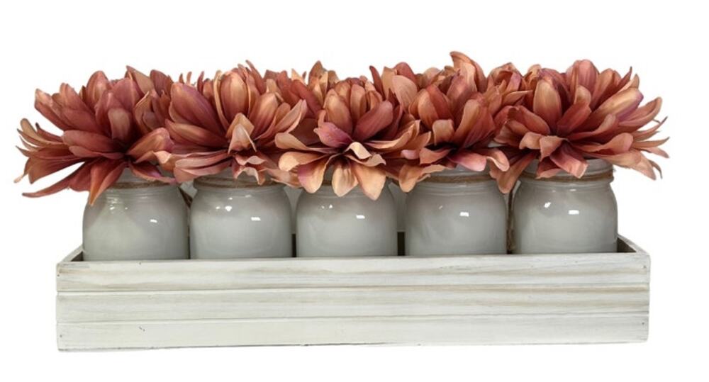 Pink Faux Floral 5 Vase White Wooden Crate Arrangement